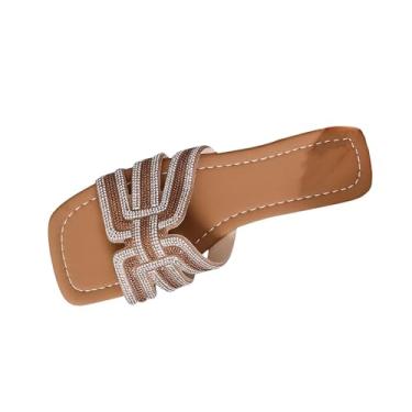 Imagem de Sandálias femininas modernas e casuais estilo verão cabeça quadrada cor sólida laço pano exterior desgaste exterior, Marrom, 34