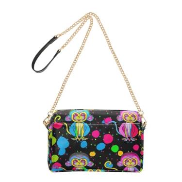 Imagem de Joitme Bolsa tiracolo feminina bolsa de telefone linda bolsa de ombro de couro PU alça de corrente macacos coloridos desenhos animados pretos