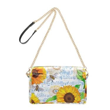 Imagem de Joitme Bolsa feminina tiracolo girassol abelhas azul branco bolsa de ombro de couro PU com alça de corrente