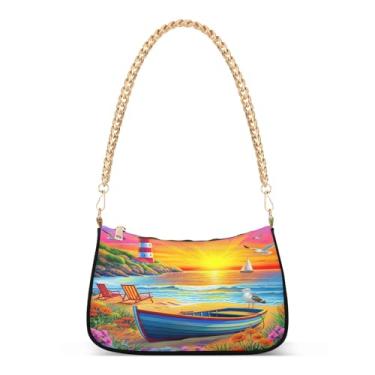 Imagem de Bolsa de ombro de corrente azul marinho costeira aquarela, bolsa de mão média com estampa artística para mulheres, bolsa clutch Hobo com grande capacidade