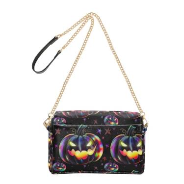 Imagem de Joitme Bolsa feminina transversal para celular bolsa de ombro de couro PU com alça de corrente cores arco-íris abóboras preto