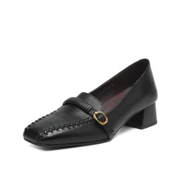 Imagem de TinaCus Mocassim feminino de couro legítimo, bico quadrado, feito à mão, salto baixo com fivela, Preto, 36