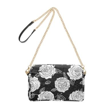 Imagem de Bolsa feminina transversal com rosas brancas folhas pretas bolsa para celular bolsa de ombro de couro PU com alça de corrente