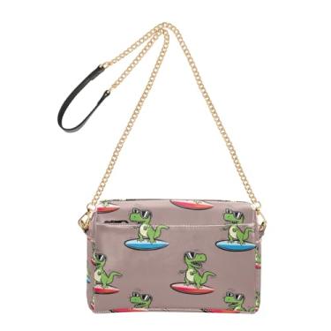 Imagem de Joitme Bolsa de ombro feminina transversal para celular, linda estampa animada, Rex, prancha de surfe, alça de corrente marrom, bolsa de ombro de couro PU