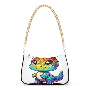 Imagem de Bolsa de ombro colorida com corrente de desenho animado de dinossauro, bolsa feminina Hobo, bolsa média moderna para uso diário e festa