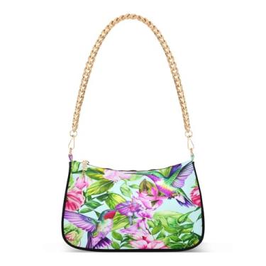 Imagem de Bolsa de ombro com corrente de ombro com flores de beija-flores coloridas, bolsa feminina fofa média, bolsa moderna para noite Hobo para uso diário ou festa