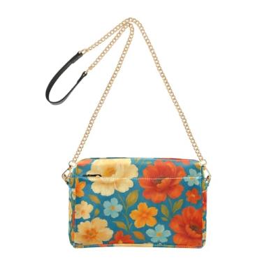 Imagem de Joitme Bolsa tiracolo feminina com estampa de flores coloridas azuis para celular bolsa de ombro de couro sintético alça de corrente