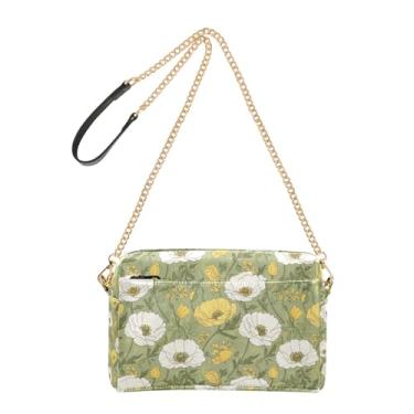 Imagem de Joitme Bolsa feminina artística, branca, amarela, verde, flores, transversal, para celular, linda bolsa de ombro de couro PU, alça de corrente