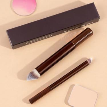 Imagem de Conjunto de pincéis de maquiagem de 2 peças com caixa de papel, cerdas sintéticas macias, versátil para retoques de base, blush e sombra (café escuro)