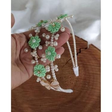 Imagem de Tiara Jardim Encantado com Flores Borboleta e Pérolas (Verde claro e off)