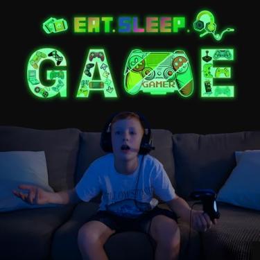 Imagem de Glow in The Dark Gamer Wall Decals, Game Controller Joystick Wall Stickers, EAT Sleep Game Player Room Decor, Kids Teens Boys Girls Bedroom Playroom Living Room Internet Bar Decoration