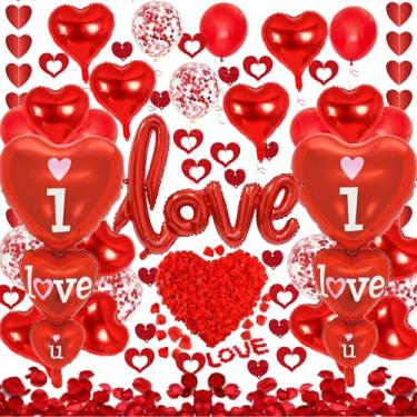 Imagem de Decorações de Dia dos Namorados com balões de alumínio I Love You e coração vermelho, balões de látex, pétalas de rosa falsas e guirlanda de corações para festa de dia dos namorados, casamento