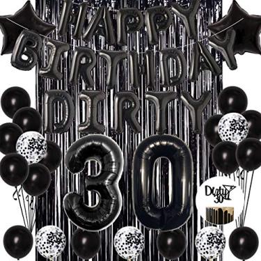 Imagem de Decorações de aniversário de 30 anos, preto – 30 balões de alumínio sujos e topos de bolo, banner de feliz aniversário, balões de confete de estrela preta, cortina de franjas para homens e mulheres, artigos de festa de 30 anos