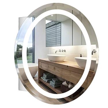 Imagem de Armário de espelho de banheiro iluminado moderno, armário de armazenamento de LED montado na parede com interruptor de toque, desembaçamento de um botão, redondo, retângulo. (prata 53 x 53 x 15 cm)