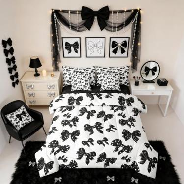 Imagem de Erosebridal Conjunto de cama solteiro de 7 peças com laço preto e bolinhas brancas e laço kawaii, conjunto de cama para adolescentes e mulheres
