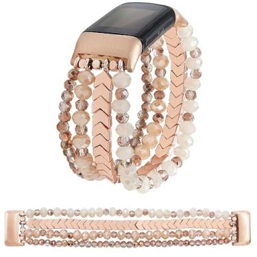 Imagem de WONMILLE Pulseira feminina de contas compatível com Fitbit Charge 6/Fitbit Charge 5, pulseira elástica de substituição para Charge 6/Charge 5 Fitness Tracker (ouro rosa, P)
