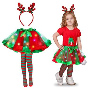 Imagem de Liitrsh 4 Pcs Girls Christmas Costume Set Light up Tutu Skirt Striped Tights LED Reindeer Headbands Necklace for Ballet Stage Show Kindergarten Holiday Dress Party Outfits Cosplay for 4-7 Years Old