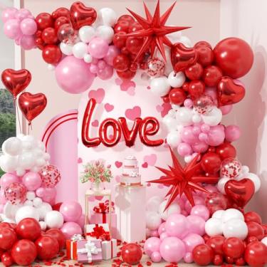 Imagem de Kit de guirlanda de arco de balão de dia dos namorados, balões de folha de coração branco rosa vermelho pétalas de rosa vermelhas para decoração de festa de aniversário de noivado galentinos dia dos
