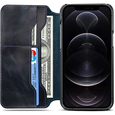 Imagem de BKUANE Capa flip para Apple iPhone 14 Plus (2022) 6,7 polegadas, cera de óleo couro de vaca à prova de choque capa carteira coldre [porta-cartão] (cor: azul)