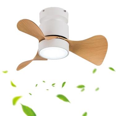 Imagem de Ventilador de teto pequeno com luz, 6 velocidades, reversível, DC, branco, com luz tricolor ajustável, para quarto, preto, com controle remoto.