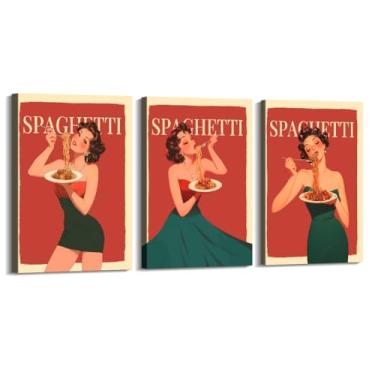 Imagem de Pôster Vintage Italian Foods Mulher Comendo Espaguete Pôsteres Ilustração Arte Pintura em Tela Impressão Massa Comida Cozinha Decoração de Parede (SKU4-3PCS, 20.3x30.5 cm = (20x30cm), Emoldurado (Tela