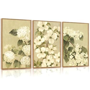 Imagem de IARTTOP Conjunto de arte de parede em tela botânica vintage emoldurada, decoração de parede floral de hortênsia abstrata, decoração de parede rústica com flores verdes bege para casa sala de estar