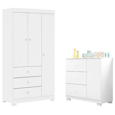 Imagem de Cômoda Infantil Com Guarda Roupa 3 Portas Duda Branco Brilho - Phoenix Baby