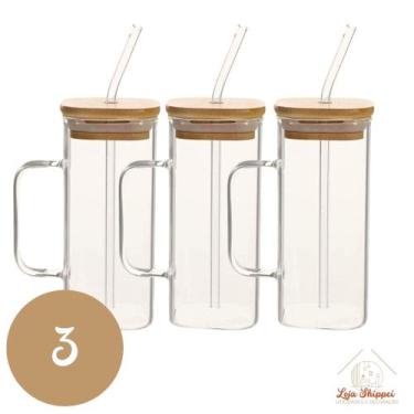 Imagem de Copo de Vidro Quadrado 350ml com Alça e Tampa Bambu e Canudo - TOP ÚTI