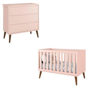 Imagem de Berço Americano e Cômoda Infantil Gaveteiro Theo Rosa com Pés Amadeira