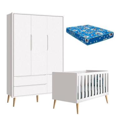 Imagem de Berço Americano e Guarda Roupa 3 Portas Infantil Theo Branco Acetinado
