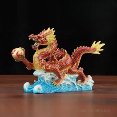 Imagem de FENNYYAR Ornamento de estátua de dragão de latão, 25 cm, sala de estar, escritório, armários de TV, decorações artísticas, artesanato