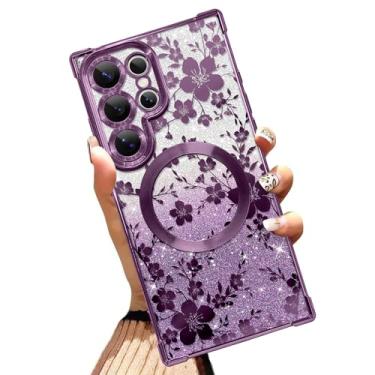 Imagem de Illians Capa magnética feita para Samsung Galaxy S24 Ultra 6,8 polegadas com glitter com design floral roxo flor de cerejeira cantos reforçados TPU macio com cantos reforçados à prova de choque capa