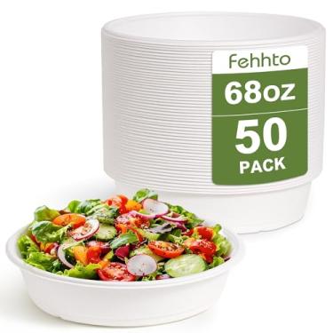 Imagem de FEHHTO Tigela de papel descartável extra grande de fibra de cana de açúcar de 1,927 g, tigela de servir redonda resistente para sopas, massas e pratos picantes, utensílios de mesa ecológicos para