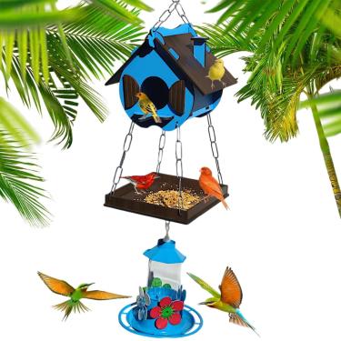 Imagem de Comedouro e Bebedouro para Pássaros Silvestres + Bebedouro para Beija-flor – MDF Artesanal, Edição Limitada, Decoração para Jardim(Azul)