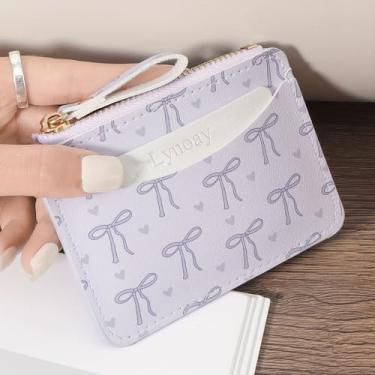 Imagem de Carteira feminina fina com zíper – Porta-cartões em forma de coração rosa com laço, estojo de cartão compacto e portátil organizador de cartões para mulheres, Roxa