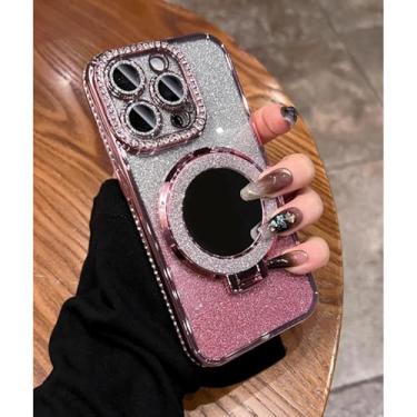 Imagem de HTVJFX Suporte de espelho com revestimento de luxo para iPhone 16 Pro Max, moldura e capa protetora de lente (para iPhone 16 Pro Max/capa de suporte rosa)