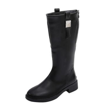 Imagem de Botas femininas casuais de inverno estilo britânico qualidade feitas à mão botas longas salto baixo cano médio moderno retrô, Preto, 35