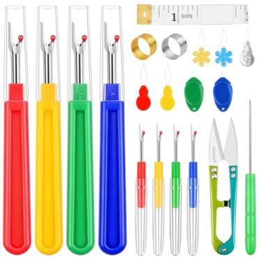 Imagem de Kit de estripador de costura de 20 peças para costura, enfiador de agulha, recortes de linha, dedal, fita métrica, furador, removedor de linha grande e pequeno ripador de pontos, suprimentos de