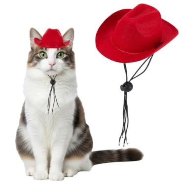 Imagem de GORGECRAFT Chapéu de cowboy de gato pequeno para animais de estimação, fantasia de tijolo de fogo, vermelho ocidental, macio, mini cachorrinho, fantasia decorativa para cosplay, bonés para gatos