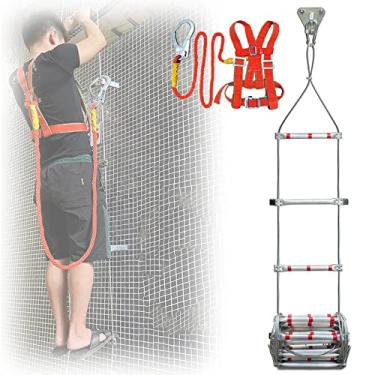 Imagem de Escada de escape de emergência 12 m, escada de corda de segurança contra incêndio com arnês de segurança, liga de alumínio durável para casa e escritório, ferramenta de evacuação de emergência