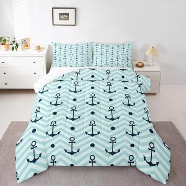Imagem de jejeloiu Conjunto de cama com âncora azul, oceano, para crianças, meninos, meninas, adolescentes, tema náutico, pirata, ondas, mar, edredom solteiro, respirável, macio, leve, microfibra, 2 peças