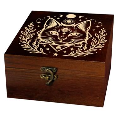 Imagem de arricraft 1 caixa de armazenamento de lembrança de madeira com tema de adivinhação, cabeça de gato, olho místico, padrão de folhas de louro, caixa de lembrança quadrada para armazenamento de cartas de