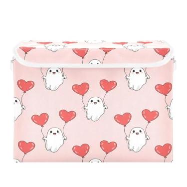 Imagem de Wassud Cestos de armazenamento dobráveis com tampas, balões de coração fantasma, cestas organizadoras de tecido dobráveis para armário, decoração sazonal de casa 40 x 30 x 30 cm