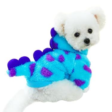 Imagem de Anelekor Roupas de dinossauro para cães pequenos, meninas, meninos, moletom com capuz de lã de inverno com anel de trela, casaco para clima frio para gato, fantasia engraçada de dinossauro para o