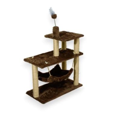 Imagem de Arranhador para Gatos com 3 Bases em Sisal com Rede Brinquedos e Plataformas 80cm(Marrom Claro)