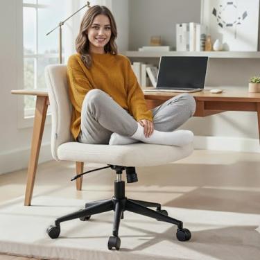 Imagem de NYPOT Cadeira cruzada com rodas – Cadeira de escritório larga sem braços para sentar com pernas cruzadas, vaidade ajustável giratória de 360° e balanço de 120° para casa e escritório (com rodas, nuvem