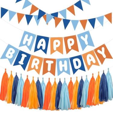 Imagem de Decorações de festa de aniversário azul e laranja faixa pré-amarrada de feliz aniversário com guirlanda de borla de tecido bandeira azul laranja para crianças, meninos, meninas, homens, mulheres