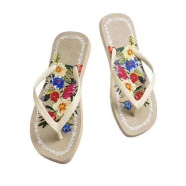Imagem de Chinelo Feminino Bico Quadrado Bege Floral | Moda Tendência | Estampa Floral Elegante | Verão Conforto (BR, Adulto, Faixa Numérico, 35, 36)