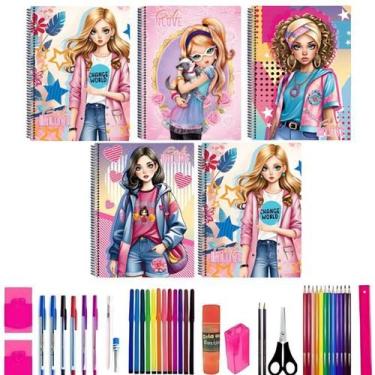 Imagem de Kit 10 Caderno Girl Love Capa Dura 80 Folhas Arame+ 40 Itens - 144024P