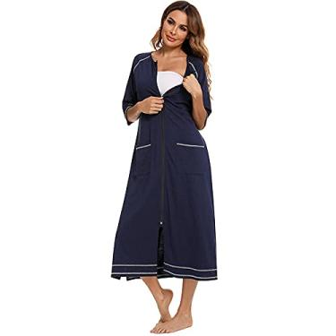 Imagem de HHHJQFAAT Pijama feminino com zíper, vestido de maternidade, manga 3/4, para amamentação, vestido de gravidez (azul escuro médio)